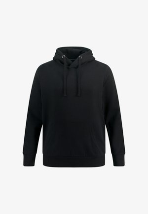 Schwarzer Kapuzenpullover mit einer vorderen Tasche, Kordelzug, gerippten Bündchen und einer sanften Textur; aus strapazierfähigem Baumwollmischmaterial gefertigt.