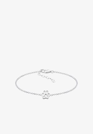 Silbernes Armband mit einem Kettendesign, das einen kleinen Pfotenabdruck-Anhänger enthält. Die Kette hat einen verstellbaren Verschluss zur Größenanpassung.