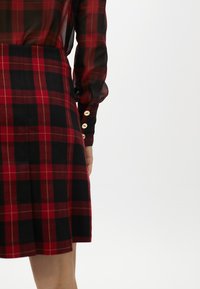 Punainen ja musta ruudullinen hame, joka on valmistettu paksusta kankaasta. Hameessa on laskostettu muotoilu ja kultaiset napit sivuilla. Kiiltävät, läpikuultavat mustat paidan hihat.