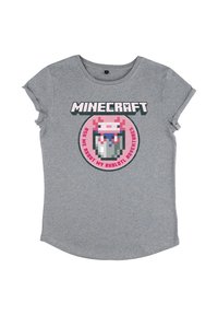 Grå bomulds T-shirt med korte ærmer, der har et pixelkunstdesign af en Minecraft-figur og teksten: "Spørg mig om mine Axolotl-eventyr."