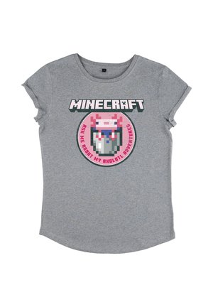 Camiseta de algodón gris con mangas cortas que presenta un diseño en pixel art de un personaje de Minecraft y el texto: "Pregúntame sobre mis aventuras con axolotes."