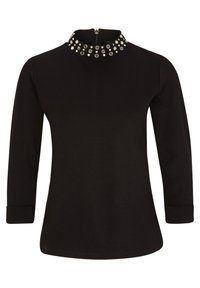 Czarna bluzka z długim rękawem z wysokim kołnierzem ozdobionym srebrnymi ćwiekami, zapinana z tyłu na zamek błyskawiczny, o dopasowanym kroju. Gładki materiał o subtelnym wykończeniu.
