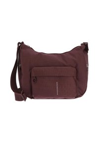 Sacochе noire rouge foncé à bandoulière réglable, poche zippée à l'avant, deux zips sur les côtés et texture à pois subtils.