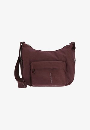 Sacochе noire rouge foncé à bandoulière réglable, poche zippée à l'avant, deux zips sur les côtés et texture à pois subtils.