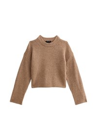 Pull cropped en maille côtelée couleur beige, avec un col haut et des manches longues aux coutures prononcées pour plus de texture. Matière en tricot douce.