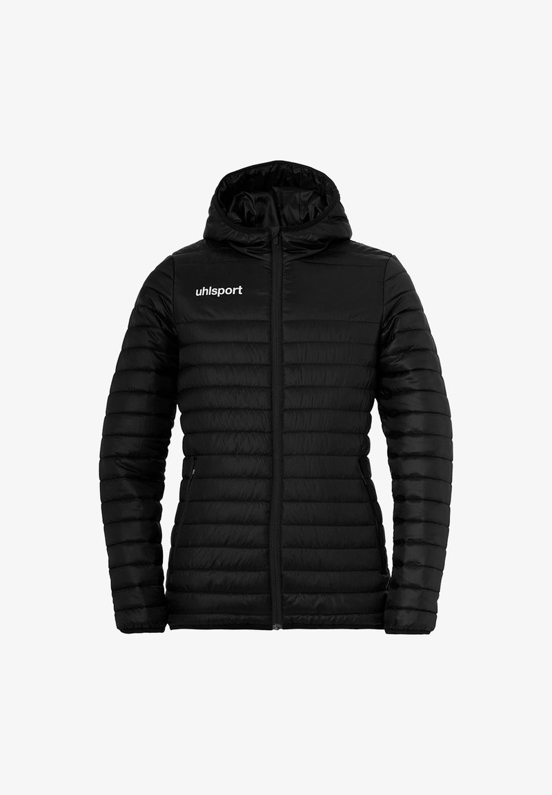 Sort pufferjakke med hætte, med horisontale syninger, en lynlås foran og et broderet Uhlsport-logo på brystet.