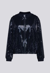 Marineblau bomberjacke mit durchgehendem Reißverschluss, aus Paillettenstoff mit einem strukturierten Mesh-Design sowie gerippten Bündchen und Kragen.