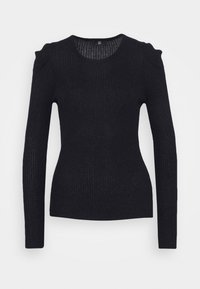 Schwarzes, geripptes Langarmoberteil mit rundem Ausschnitt und puffigen Schulterakzenten, gefertigt aus einem strukturierten, leicht schimmernden Stoff.