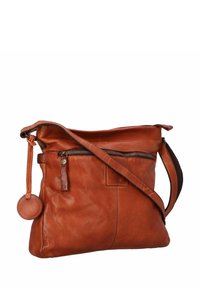 Borsa a tracolla in pelle marrone con tasca anteriore con zip e tracolla regolabile, accentuata da un portachiavi in pelle rotondo.