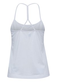 Canotta bianca in tessuto traspirante, con spalline sottili disposte a incrocio sul retro e orlo arrotondato.