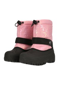 Rosafarbene, isolierte Schneestiefel mit einer strukturierten, glanzenden Oberfläche, schwarzen Gummisohlen, verstellbaren Zugbandoberteilen und einem schwarzen Riemen über dem Mittelfuß.