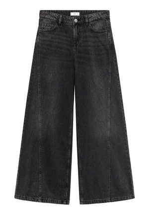 Jeans neri a gamba larga con vita alta, realizzati in denim. Presentano grandi tasche, cuciture in vista e un orlo dritto e pulito.