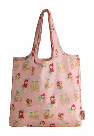 Pink reusable tote bag with whimsical animal characters wearing fruit and flower costumes, featuring double handles and a side brand tag.