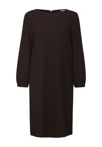 Robe tricotée côtelée marron avec des manches longues et un col rond. Dotée de poignets froncés et d'une fermeture éclair visible au dos. Design simple et coupe droite.