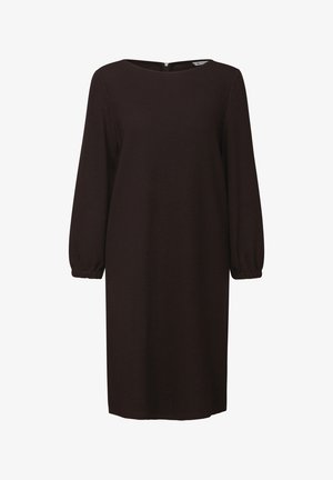 Brown ribbed knit dress with long sleeves and a round neck. Features gathered cuffs and a visible back zipper. Simple and straight-cut design.