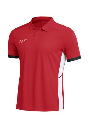Rotes Sport-Poloshirt mit kurzen Ärmeln, schwarzen Ärmelbündchen, weißen Seitenpaneelen und weißem Nike-Logo auf der rechten Brust.