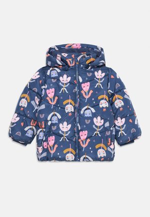 Doudoune bleu marine pour enfants avec capuche, décorée de fleurs et arcs-en-ciel dessin animés roses, blancs et orange.