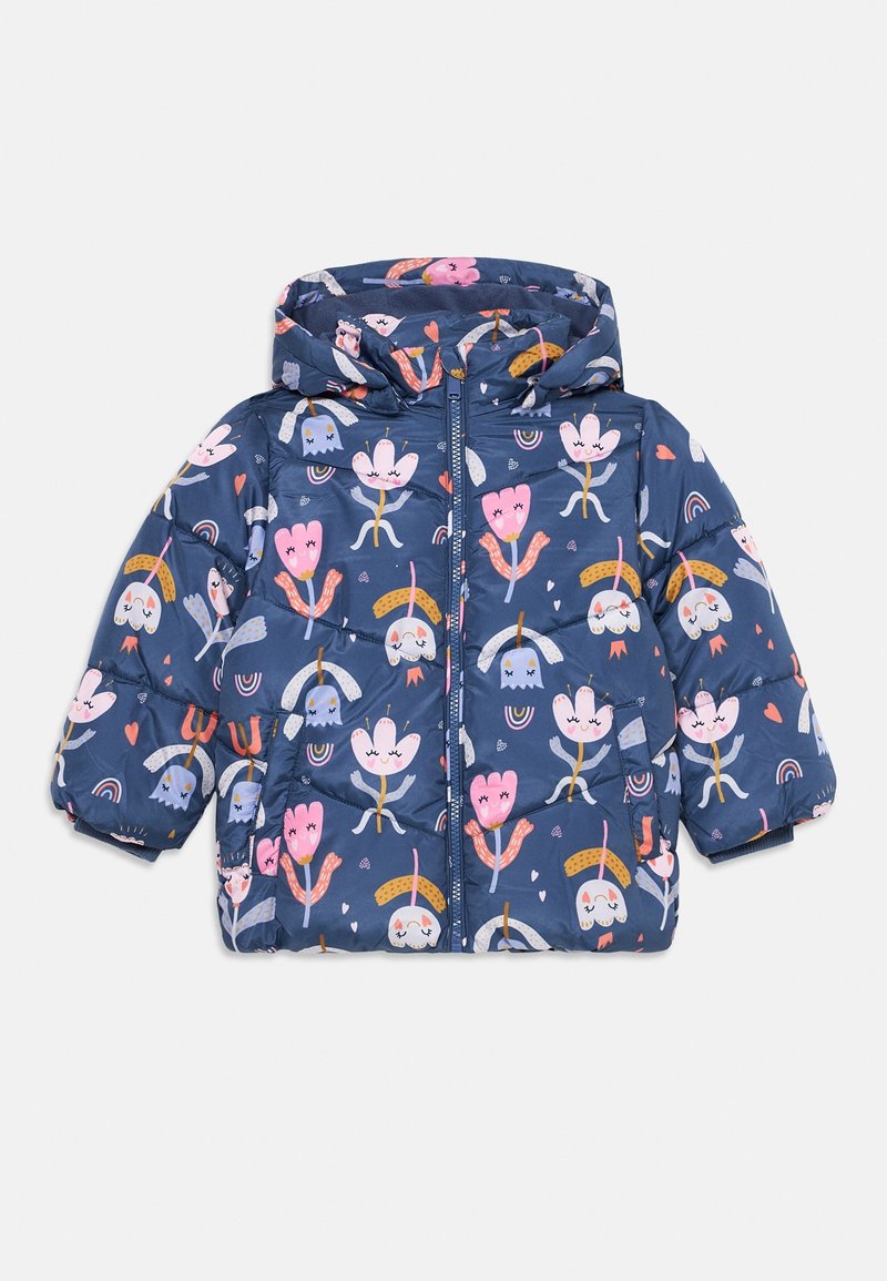 Doudoune bleu marine pour enfants avec capuche, décorée de fleurs et arcs-en-ciel dessin animés roses, blancs et orange.