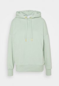 Sudadera con capucha de color verde claro, confeccionada en tela suave, con capucha ajustable con detalles dorados, hombros caídos y puños y dobladillo acanalados.
