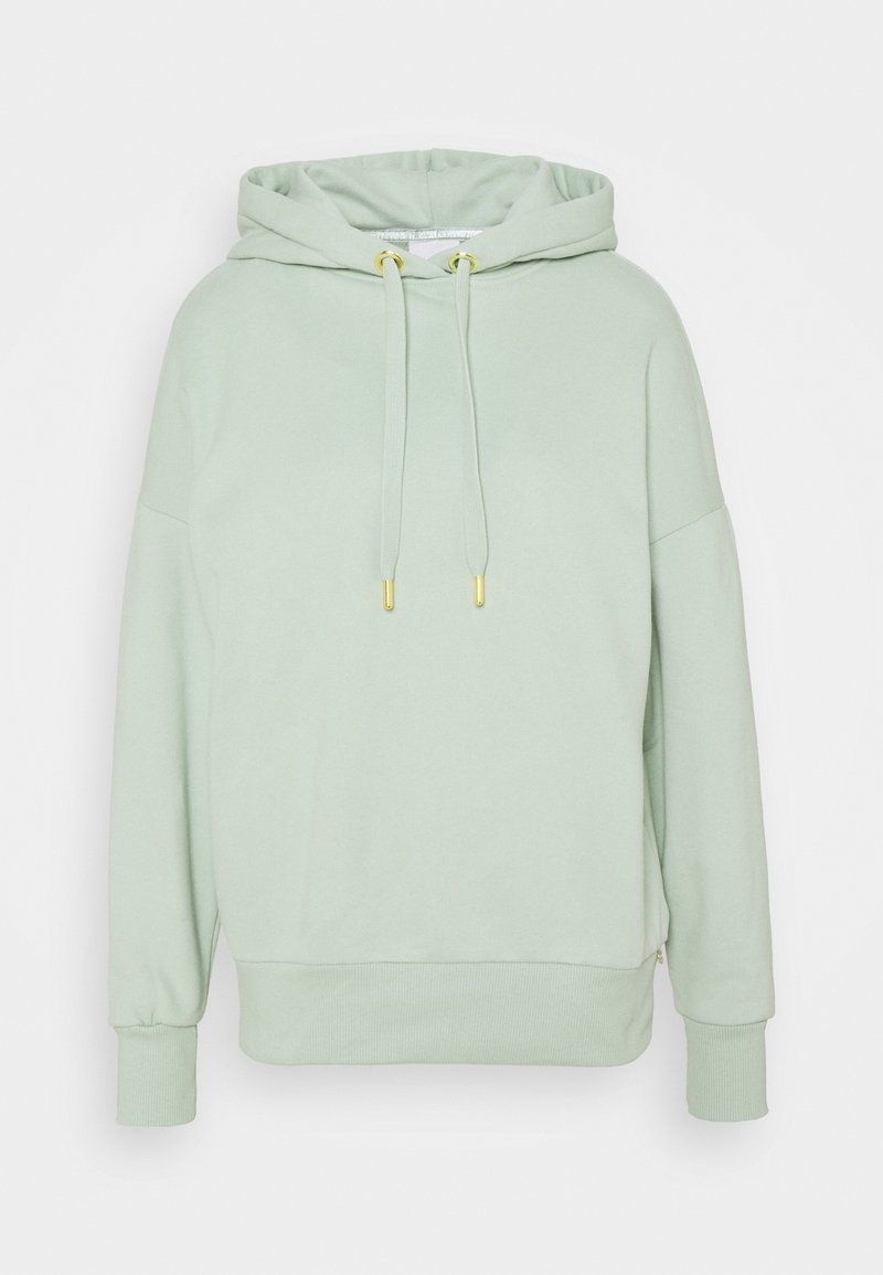 Sudadera con capucha de color verde claro, confeccionada en tela suave, con capucha ajustable con detalles dorados, hombros caídos y puños y dobladillo acanalados.