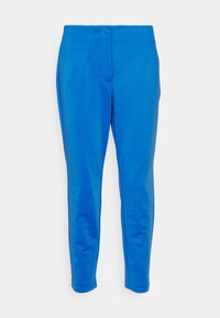 Pantalon bleu vif slim avec taille plate à l'avant et jambes étroites, présenté sur un fond clair uni.