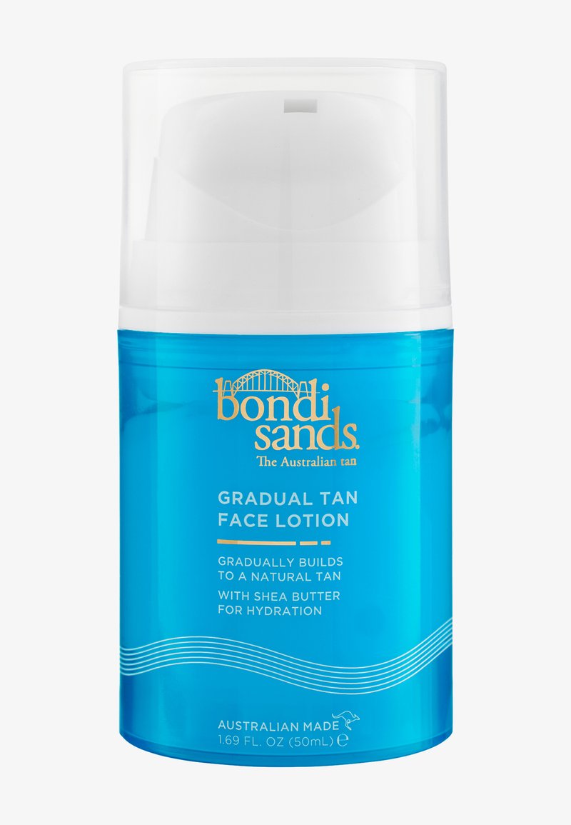 Flacon bleu de lotion pour le visage Bondi Sands Gradual Tan avec pompe blanche, offrant hydratation et construction de bronzage naturel, 50 ml, fabriqué en Australie.