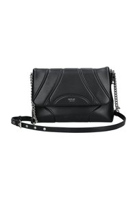 Borsa a tracolla in pelle nera con design trapuntato, catena e tracolla regolabile, caratterizzata da una placca con logo e texture liscia.