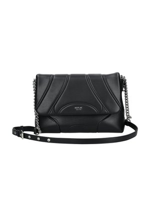 Borsa a tracolla in pelle nera con design trapuntato, catena e tracolla regolabile, caratterizzata da una placca con logo e texture liscia.
