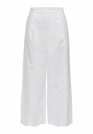 Pantaloni cropped a gamba larga bianchi realizzati in cotone, con pince frontali e dettagli decorativi a occhiello lungo l'orlo.