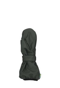 Guanto impermeabile verde scuro con cima arrotondata, polsino elastico e una cinghia in velcro per una vestibilità sicura. Presenta un piccolo tag blu e giallo.