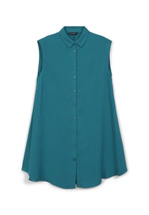 Blusa senza maniche in teal con fronte a bottoni, colletto classico e una silhouette fluida con forma a A. Texture del tessuto liscia.