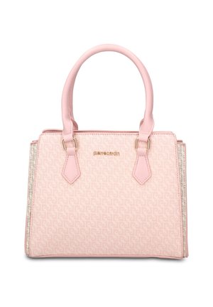 Lichtroze gestructureerde handtas met twee handvatten, subtiele patroonstructuur en klein goudkleurig merklogo aan de voorkant in het midden.