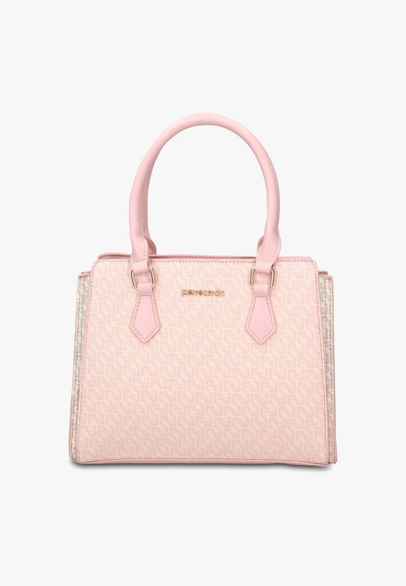 Sac à main structuré rose clair avec deux anses, texture subtilement imprimée et petit logo doré de la marque au centre devant.
