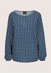 Navy blue blouse with geometric pattern in light blue and white. Round neckline, long puff sleeves, and loose fit. Soft, lightweight fabric.