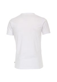 White cotton t-shirt with short sleeves and a round neck. Smooth texture and no visible patterns or graphics. Features a small tag at the hem.