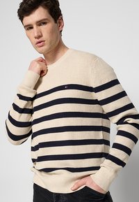 Maglione beige a maglia con strisce orizzontali blu navy, collo giro, maniche lunghe e tessuto testurizzato con un piccolo logo sul petto.