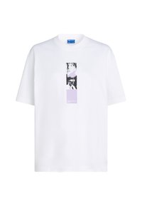 White cotton t-shirt with a round neckline, featuring a rectangular graphic print in black and lavender at the center. Short sleeves.