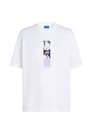 White cotton t-shirt with a round neckline, featuring a rectangular graphic print in black and lavender at the center. Short sleeves.