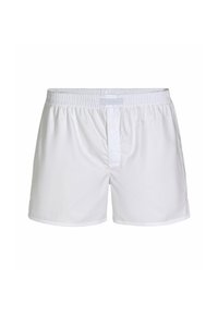 Boxers blancs en coton avec une ceinture élastique, une ouverture frontale et des coutures minimales. Texture lisse, design simple sans motifs.