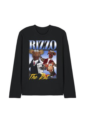 Schwarzes Langarmshirt mit drei Cartoon-Rattenfiguren und dem Text "RIZZO" in Blau und "The Rat" in gelber Schrift.
