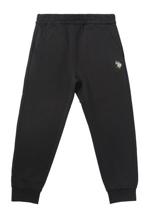 Pantaloni da jogging neri con vita e polsini elastici, tasche laterali e piccolo logo bianco sulla coscia superiore.