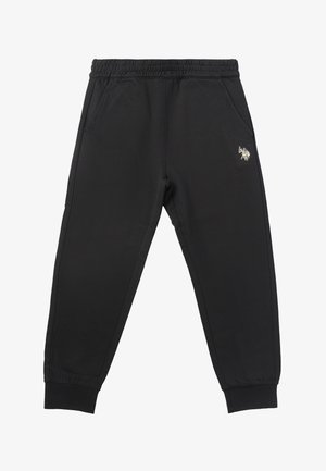 Pantaloni da jogging neri con vita e polsini elastici, tasche laterali e piccolo logo bianco sulla coscia superiore.