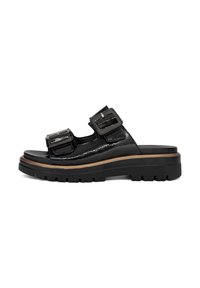 Black slide sandals with two adjustable buckles, glossy patent leather material, layered platform sole with textured rubber tread.