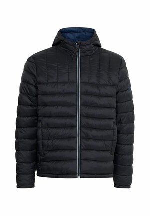Schwarze Daunenjacke mit Kapuze, gestepptem Design, Reißverschluss vorne und hellblauen Akzenten entlang des Reißverschlusses. Verfügt über lange Ärmel.