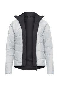 Light gray quilted jacket with black interior lining, open front zipper, and standing collar shown against white background.