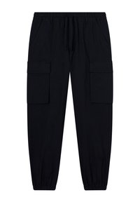 Schwarze Cargo-Hosen aus einer Baumwollmischung, mit elastischem Bund, verstellbarem Kordelzug und mehreren Seitentaschen zur Aufbewahrung.