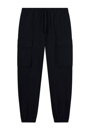 Black cargo pants made of cotton blend, featuring elastic waistband, adjustable drawstring, and multiple side pockets for storage.