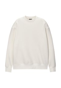 Sweatshirt blanc uni à col rond avec des manches longues et des poignets, un bas et un col à côtes, présenté sur un fond blanc.