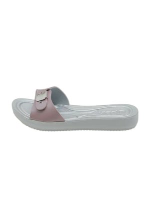 Sandalo slide casual con suola grigio chiaro e cinturino superiore malva con dettaglio fibbia in metallo su sfondo bianco.