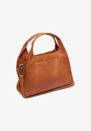 Sac à main en cuir marron avec une forme arrondie, double poignées et une bandoulière détachable. Présente une finition texturée et un détail de logo en relief.